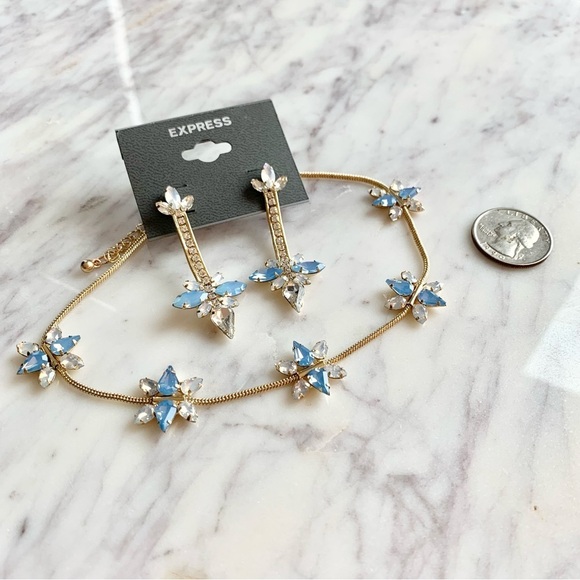 Blue Snowflake Choker Necklace and Earrings Statement Jewelry Set - Picture 4 of 7